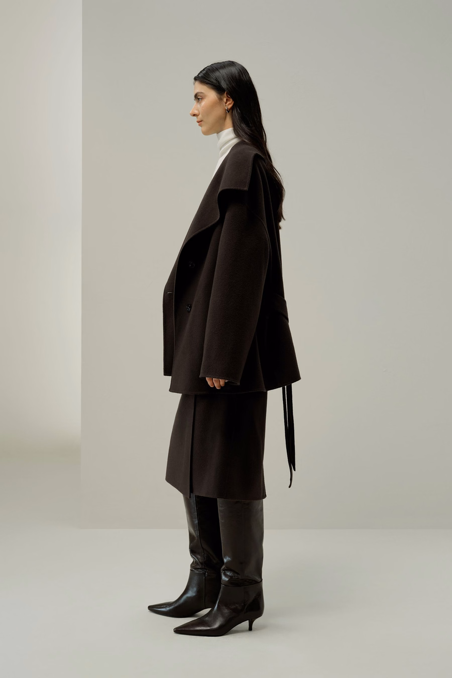 Convertible Collar Silk-Wool Blend Coat