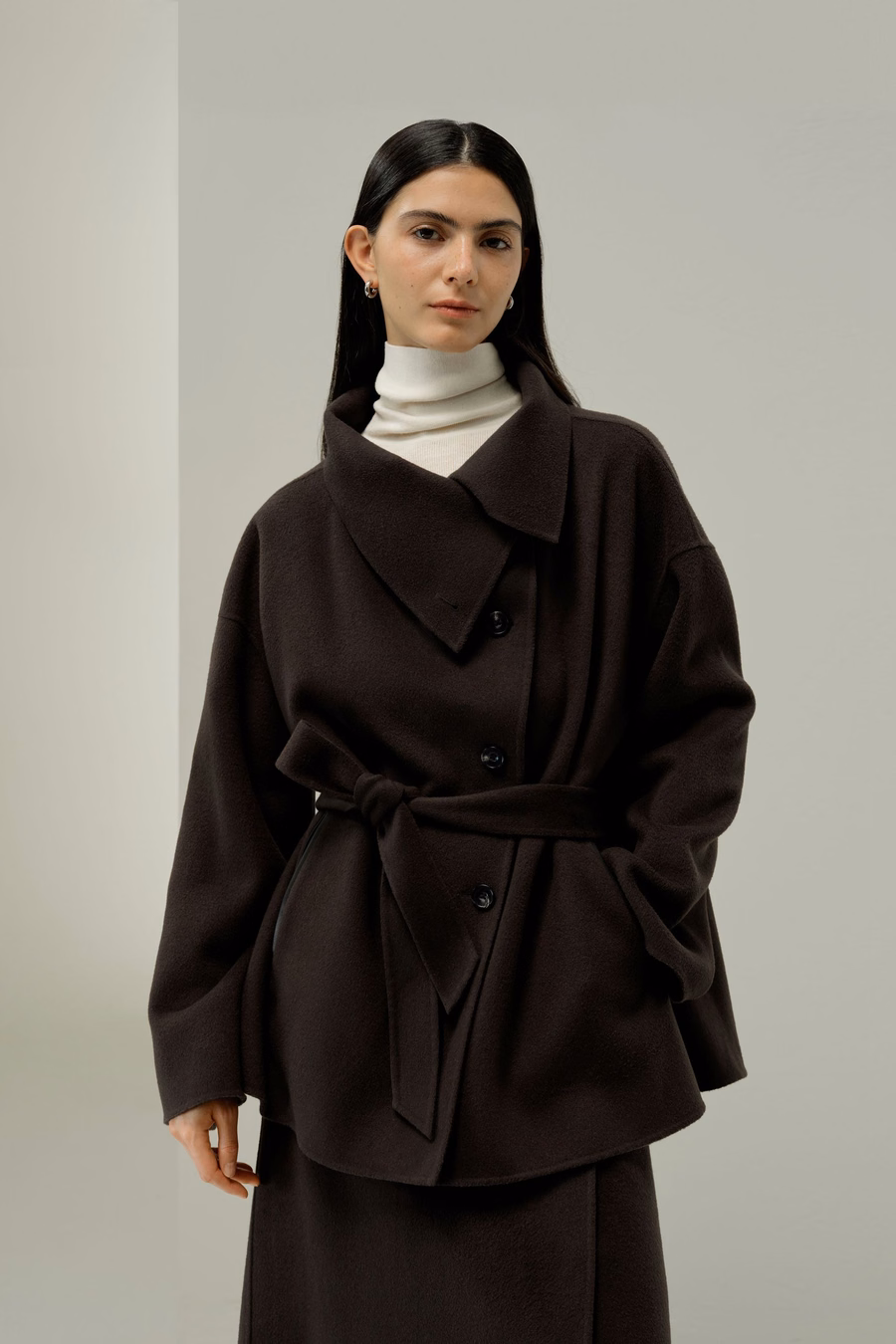 Convertible Collar Silk-Wool Blend Coat
