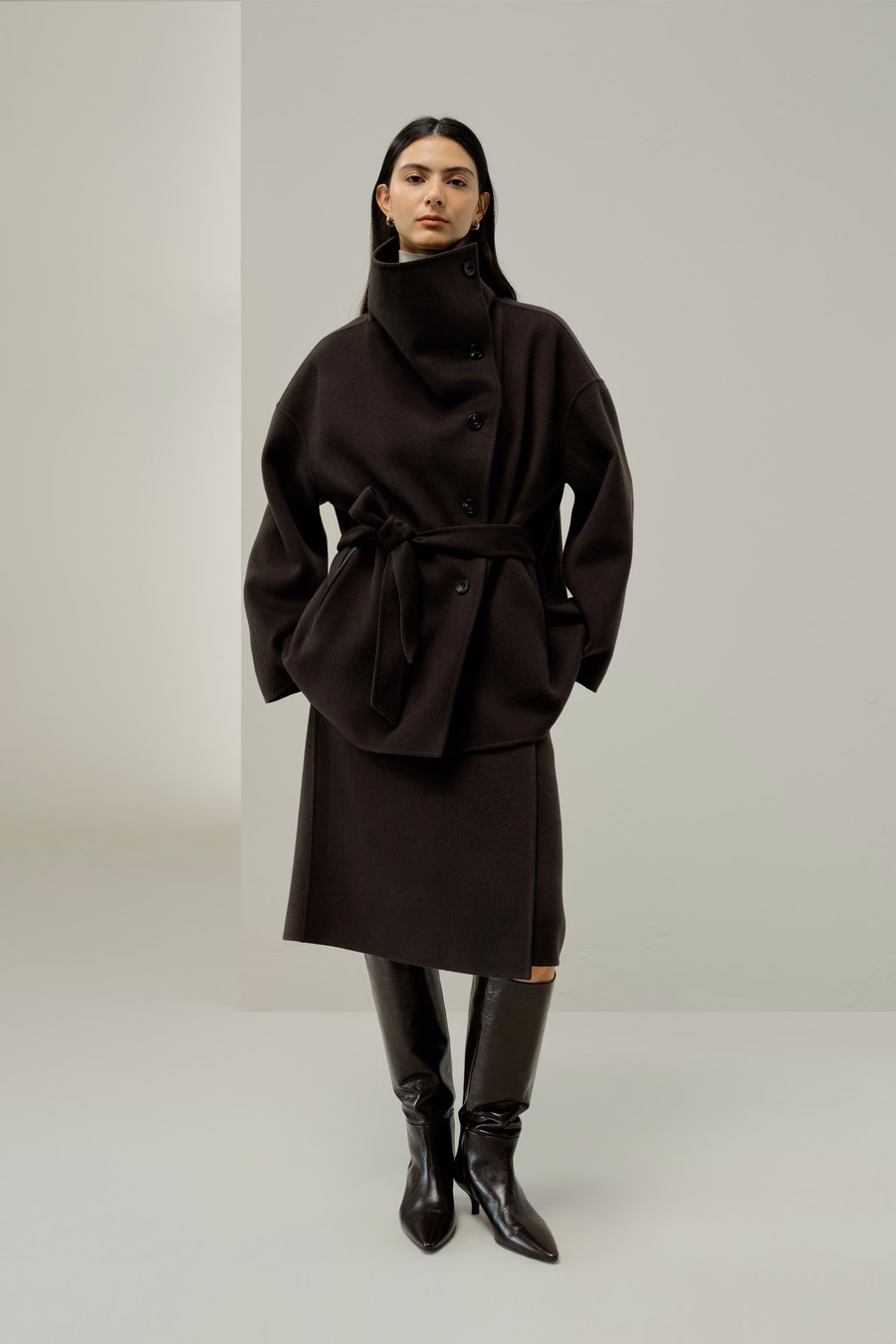 Convertible Collar Silk-Wool Blend Coat