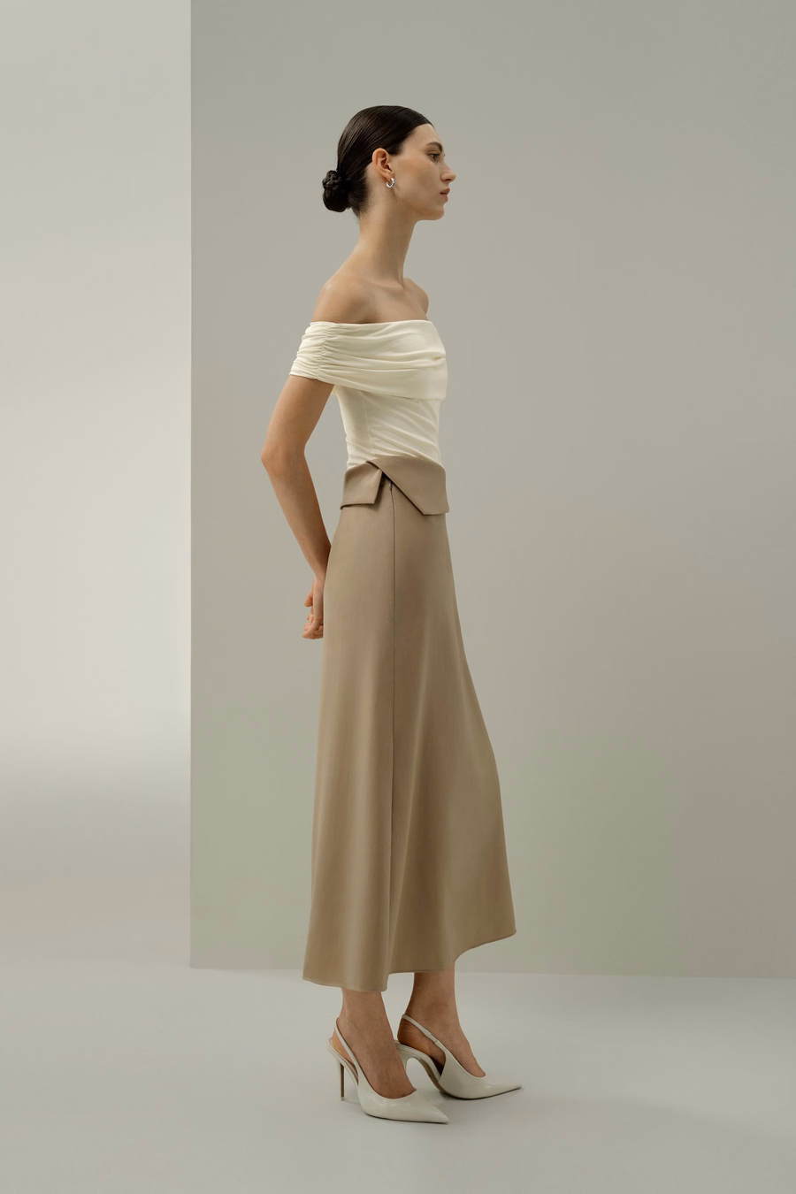 Asymmetrical Waist Silk-Wool Midi Skirt