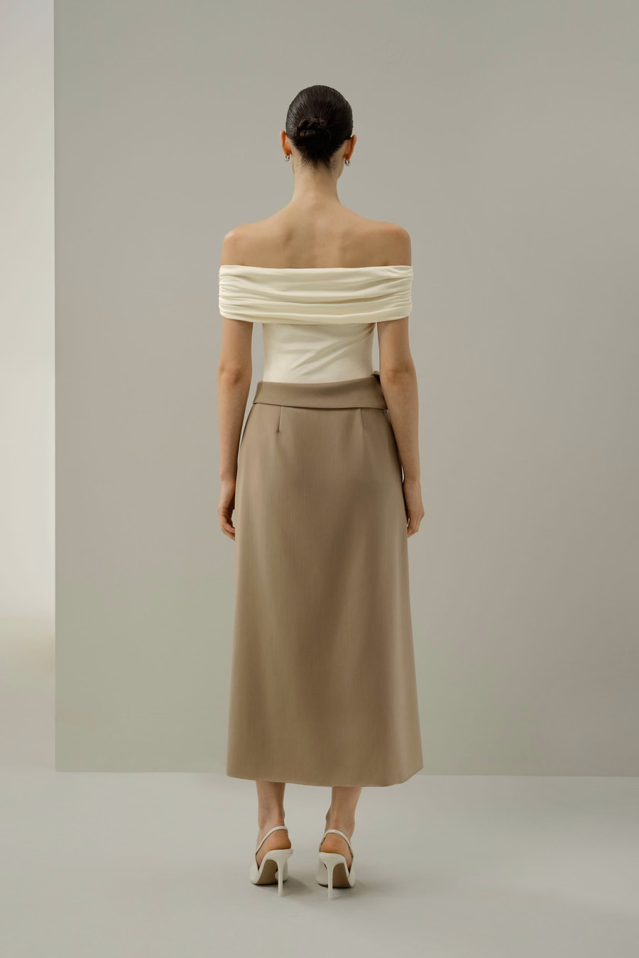 Asymmetrical Waist Silk-Wool Midi Skirt