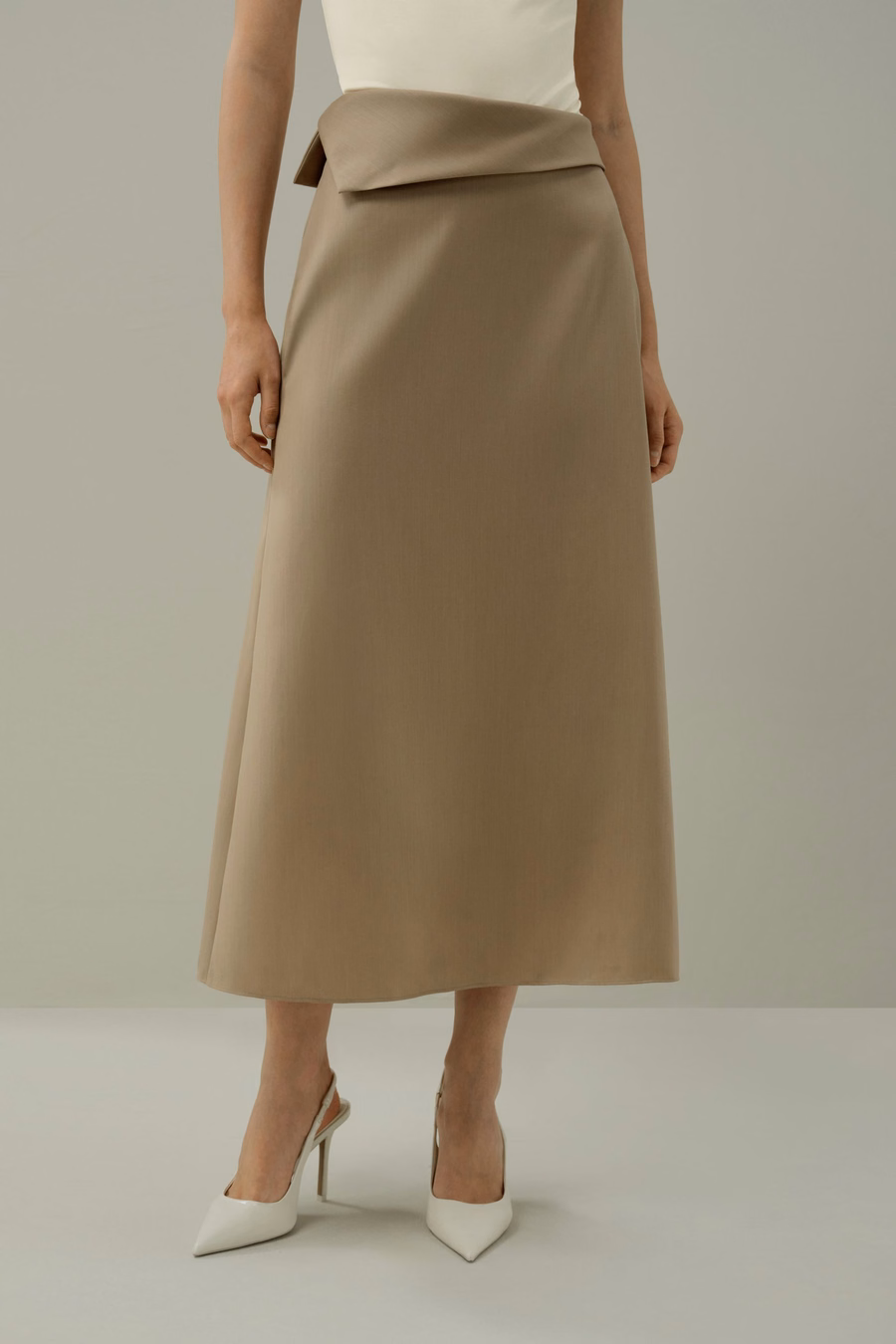 Asymmetrical Waist Silk-Wool Midi Skirt