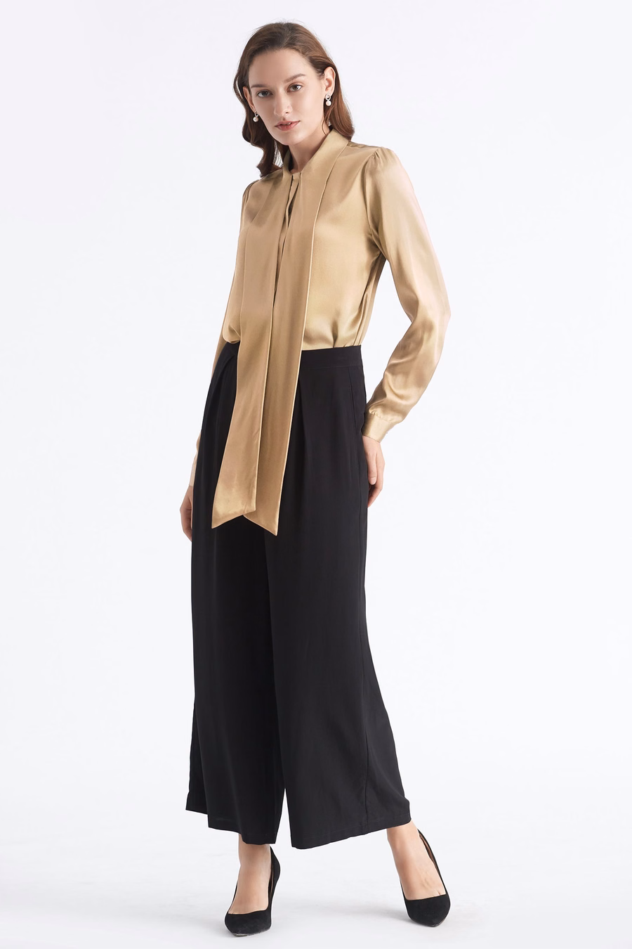 Women Bow-tie Neck Silk Blouse