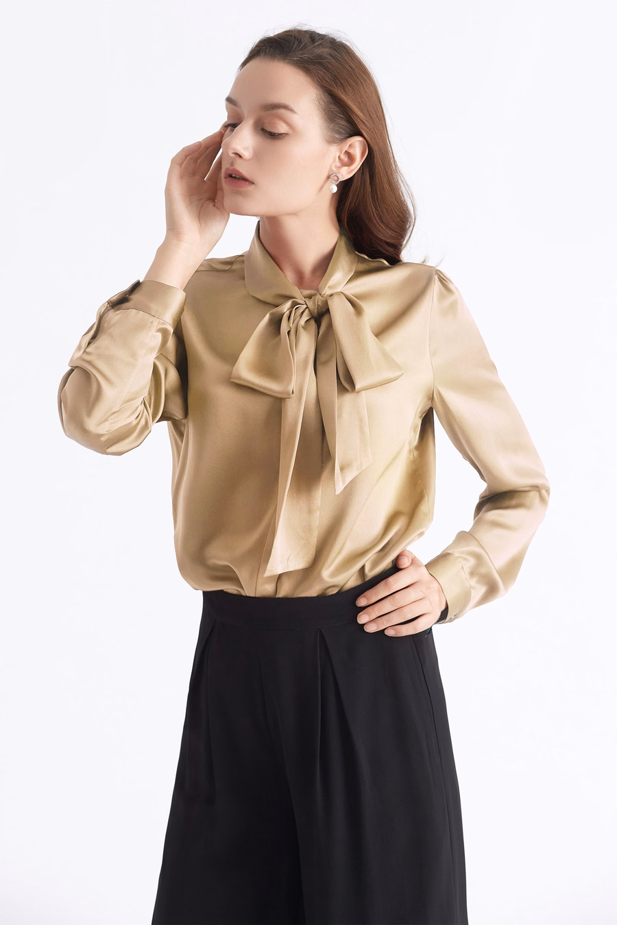 Women Bow-tie Neck Silk Blouse
