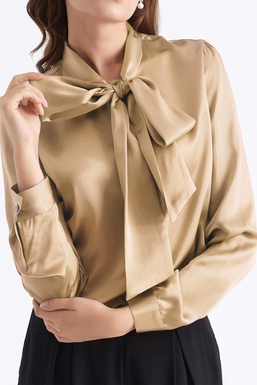 Women Bow-tie Neck Silk Blouse
