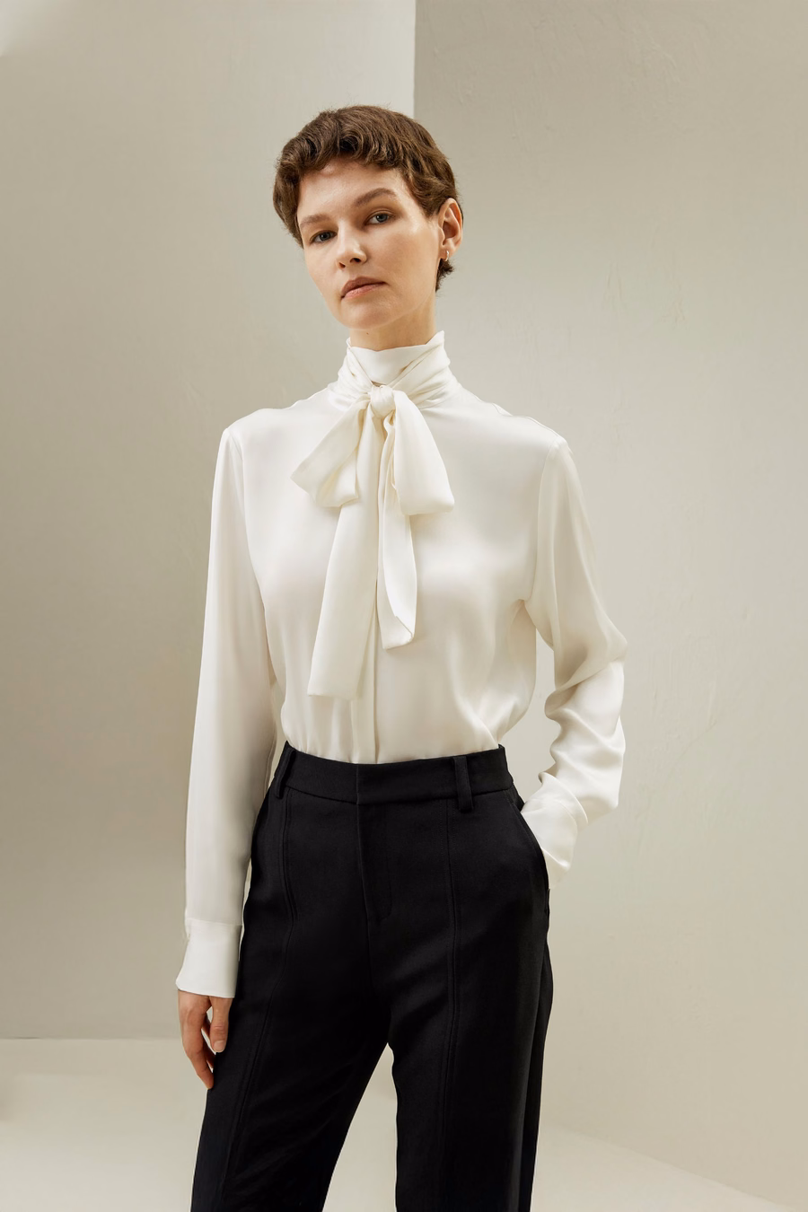 Silk Turtleneck Ribbon Blouse