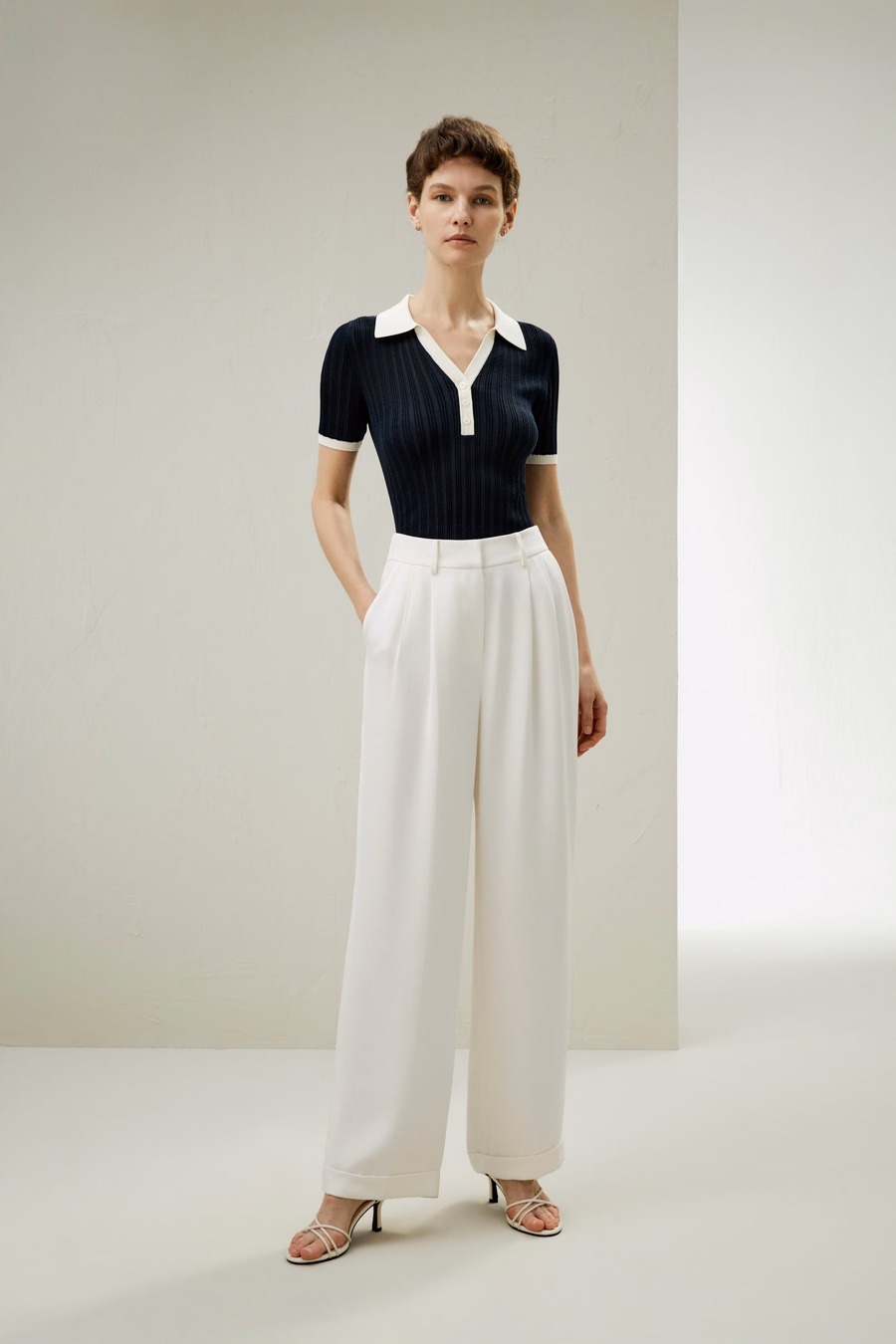 V Neck Ribbed Silk Knit Top