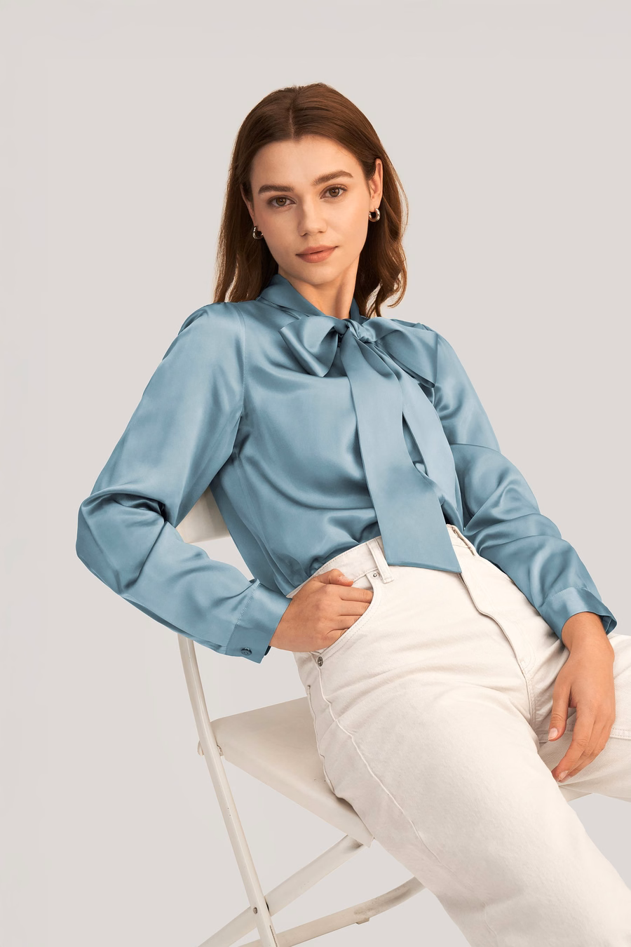 Women Bow-tie Neck Silk Blouse