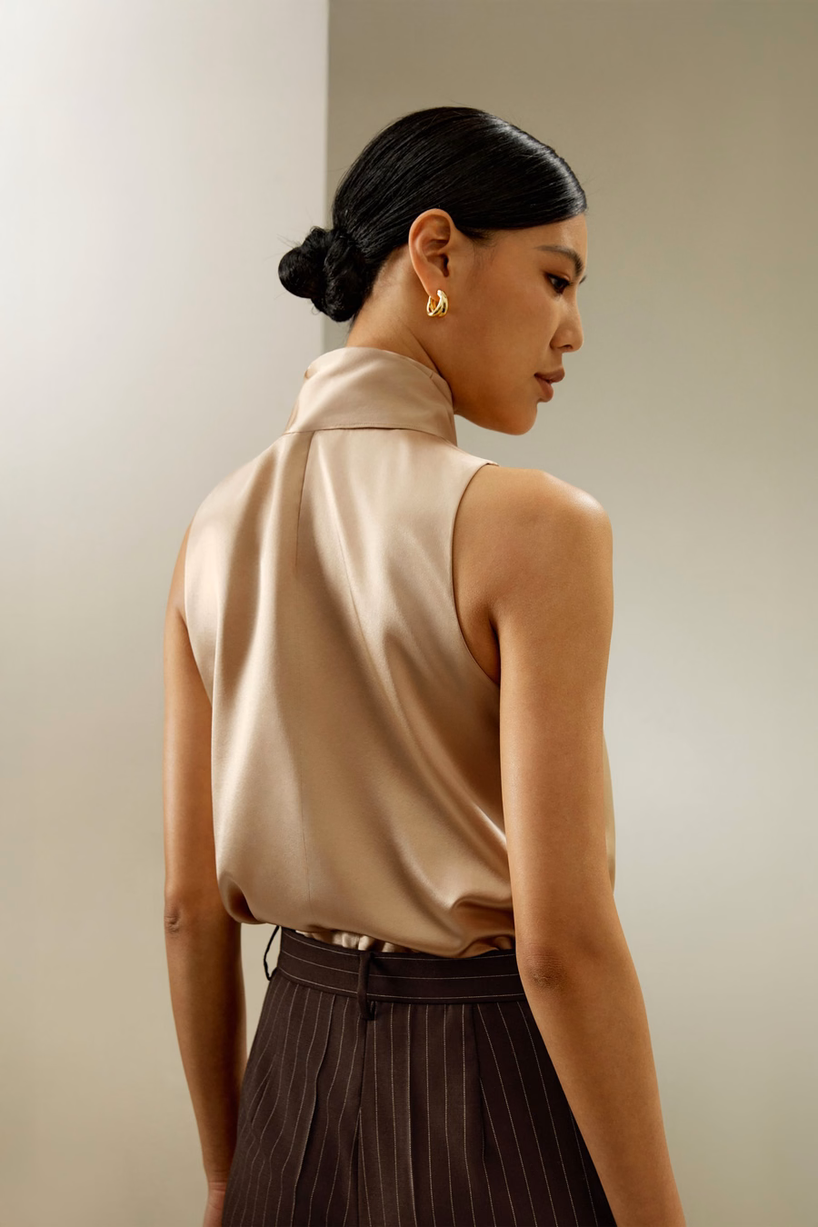 Sleeveless Tie-Neck Silk Blouse