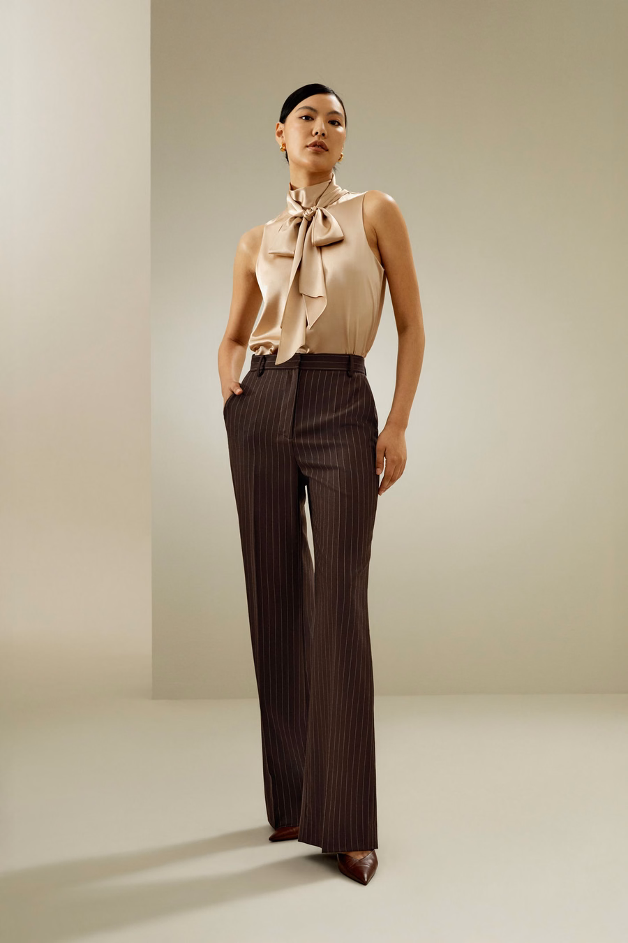 Sleeveless Tie-Neck Silk Blouse