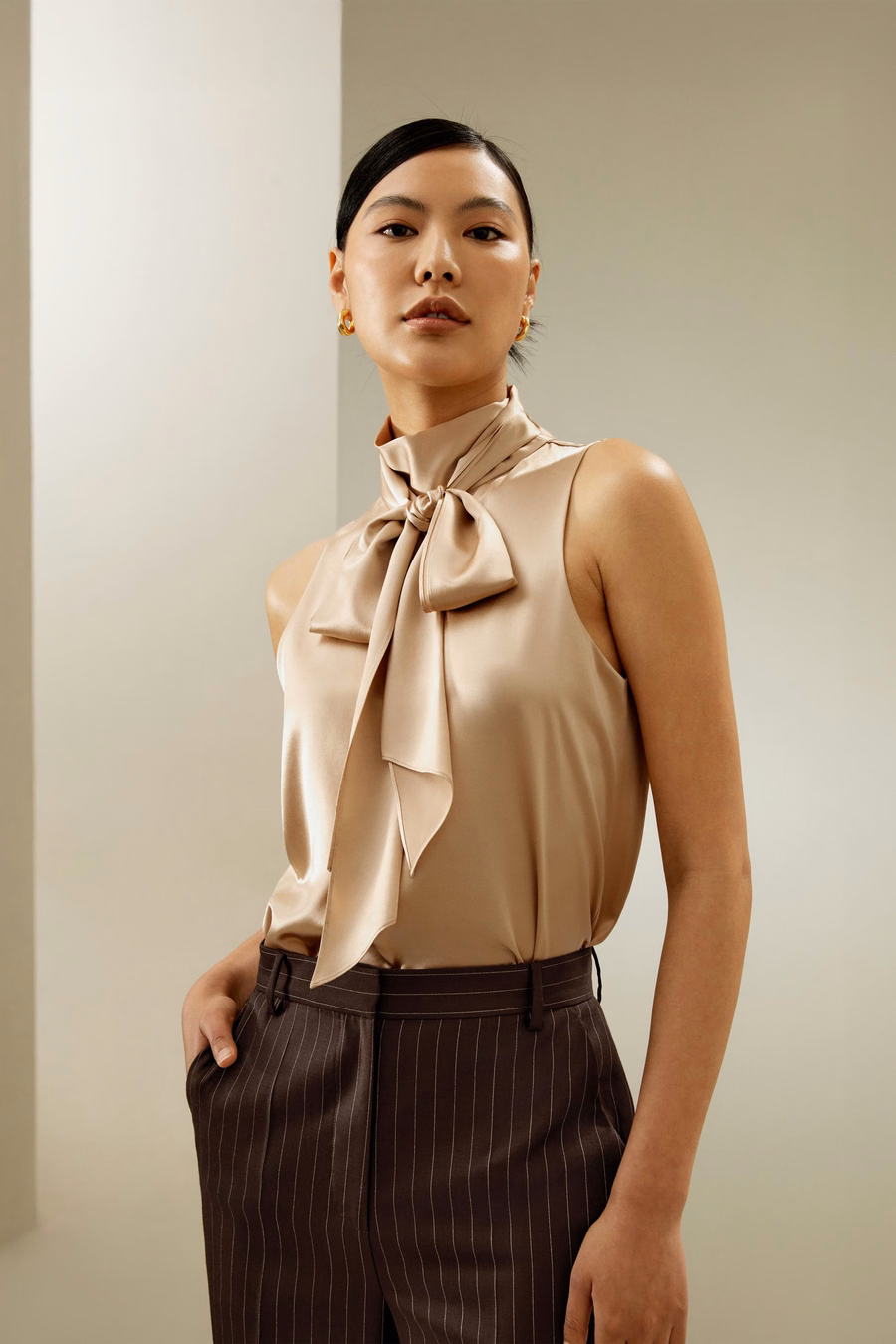 Sleeveless Tie-Neck Silk Blouse