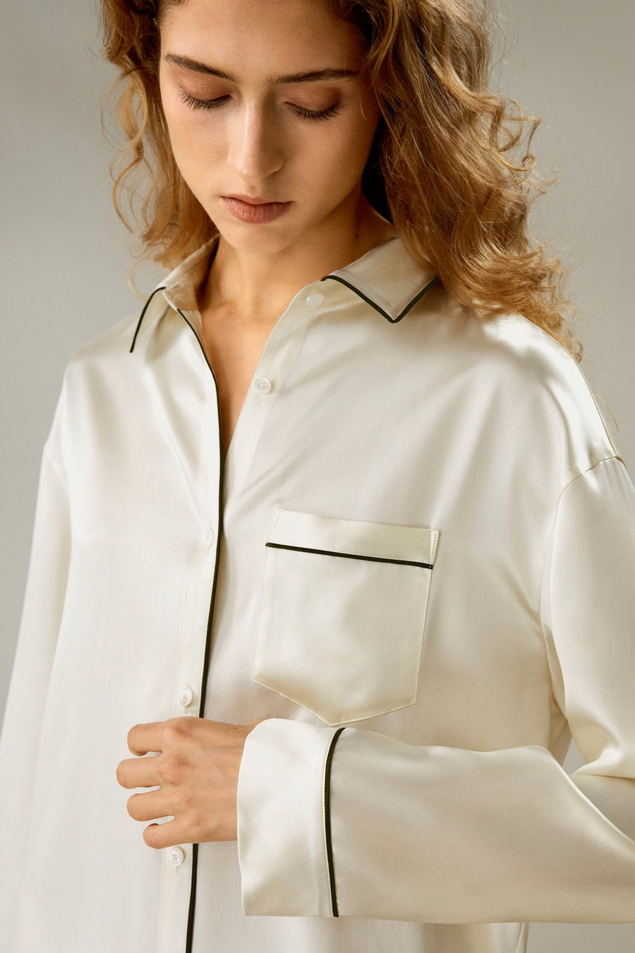 Contrast Piping Button-Up Full Length Pajama Set