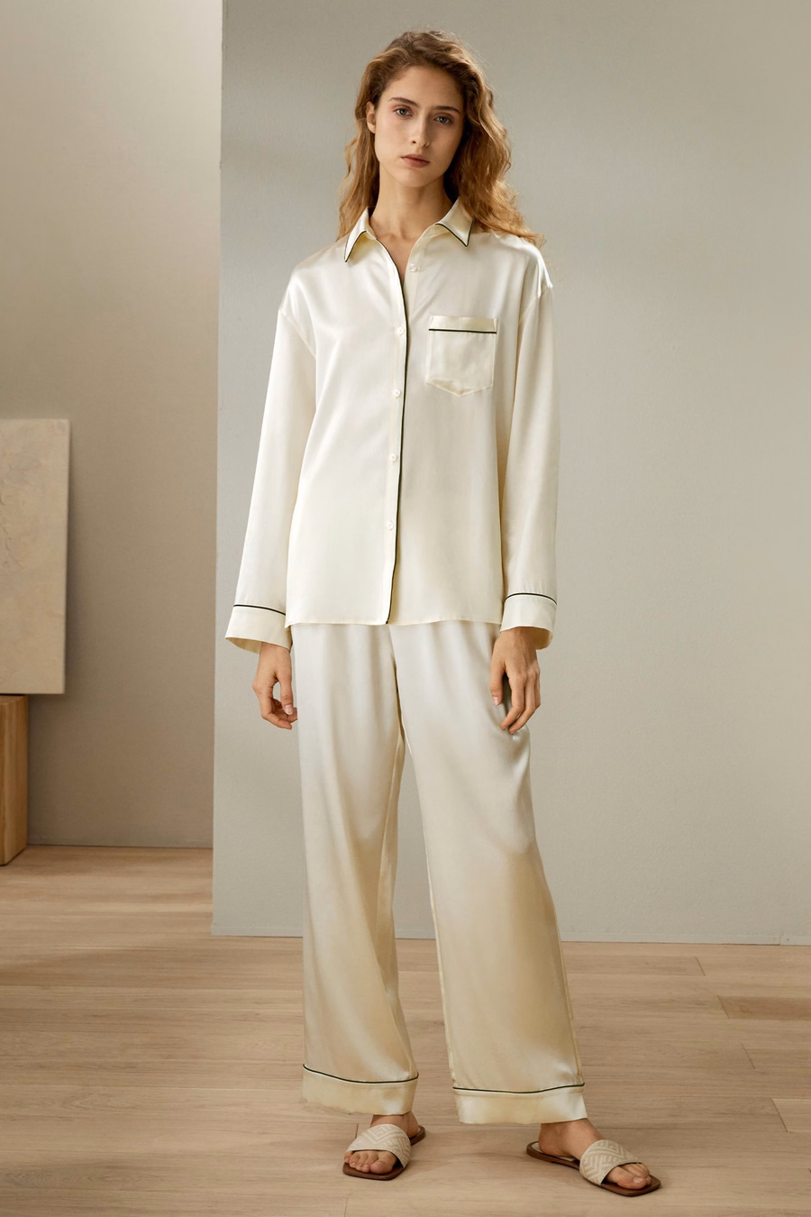 Contrast Piping Button-Up Full Length Pajama Set