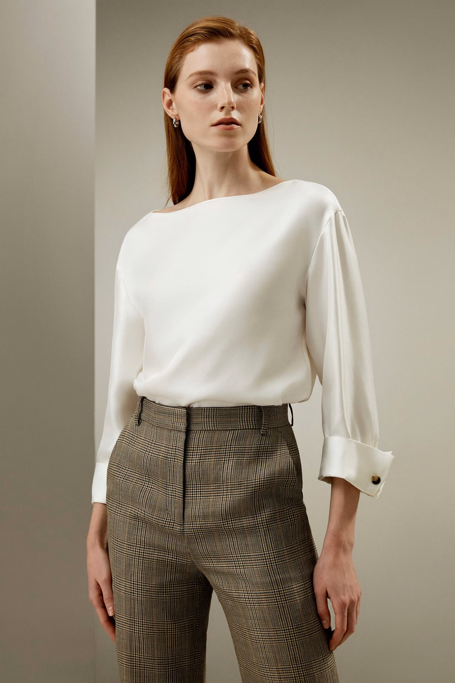 Silk Twill Blouse with Boat Neckline