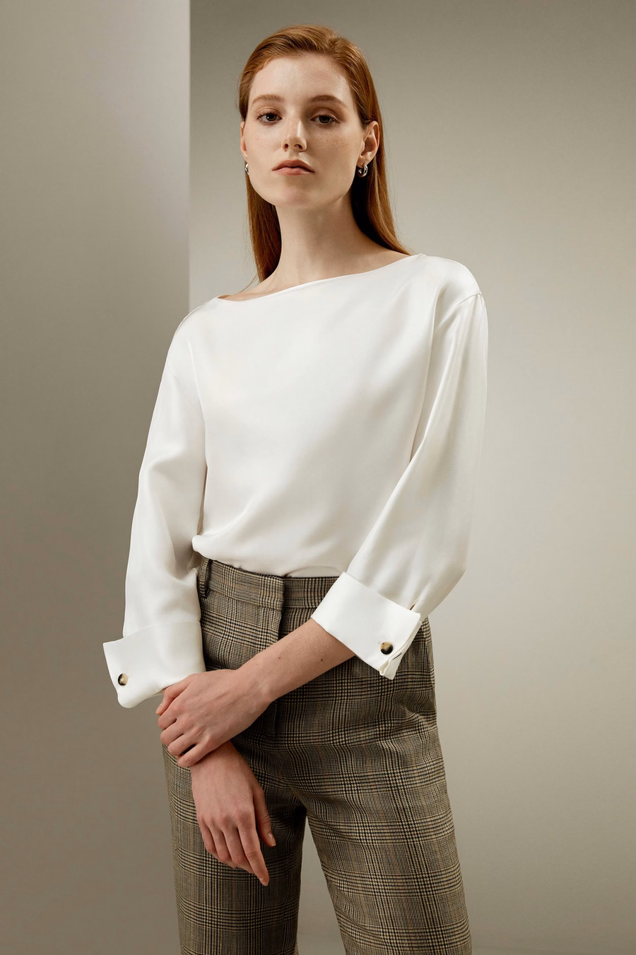 Silk Twill Blouse with Boat Neckline