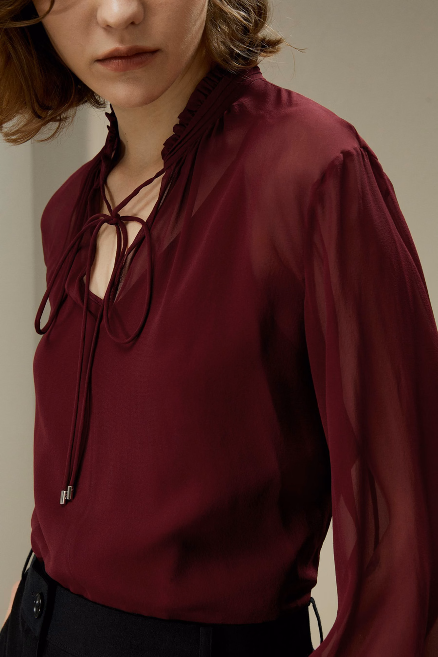 Tie Front Drawstring Georgette Blouse
