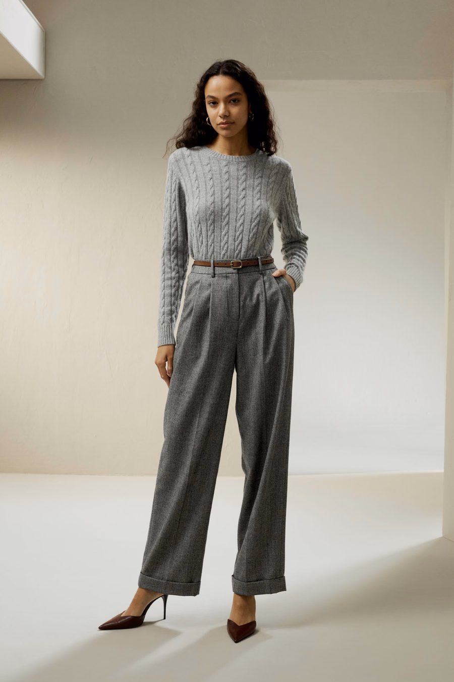 Wide leg wool-flannel suit trousers