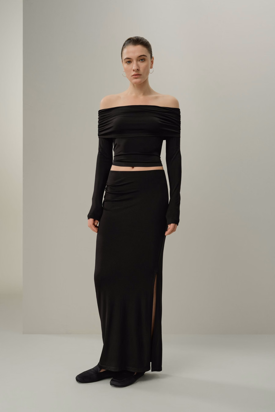 Silk Breeze Jersey Off-Shoulder Long Sleeve Top